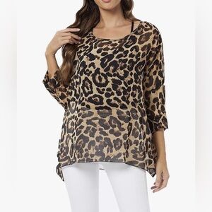 Rokou Chic Leopard Print Chiffon Sheer Batwing Tunic Blouse, OS/XL